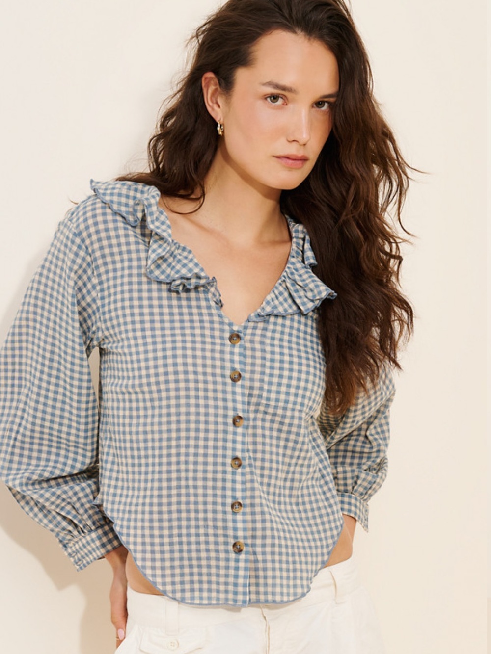 Pilcro Blue and White Gingham Ruffle Collar Button-Down Shirt